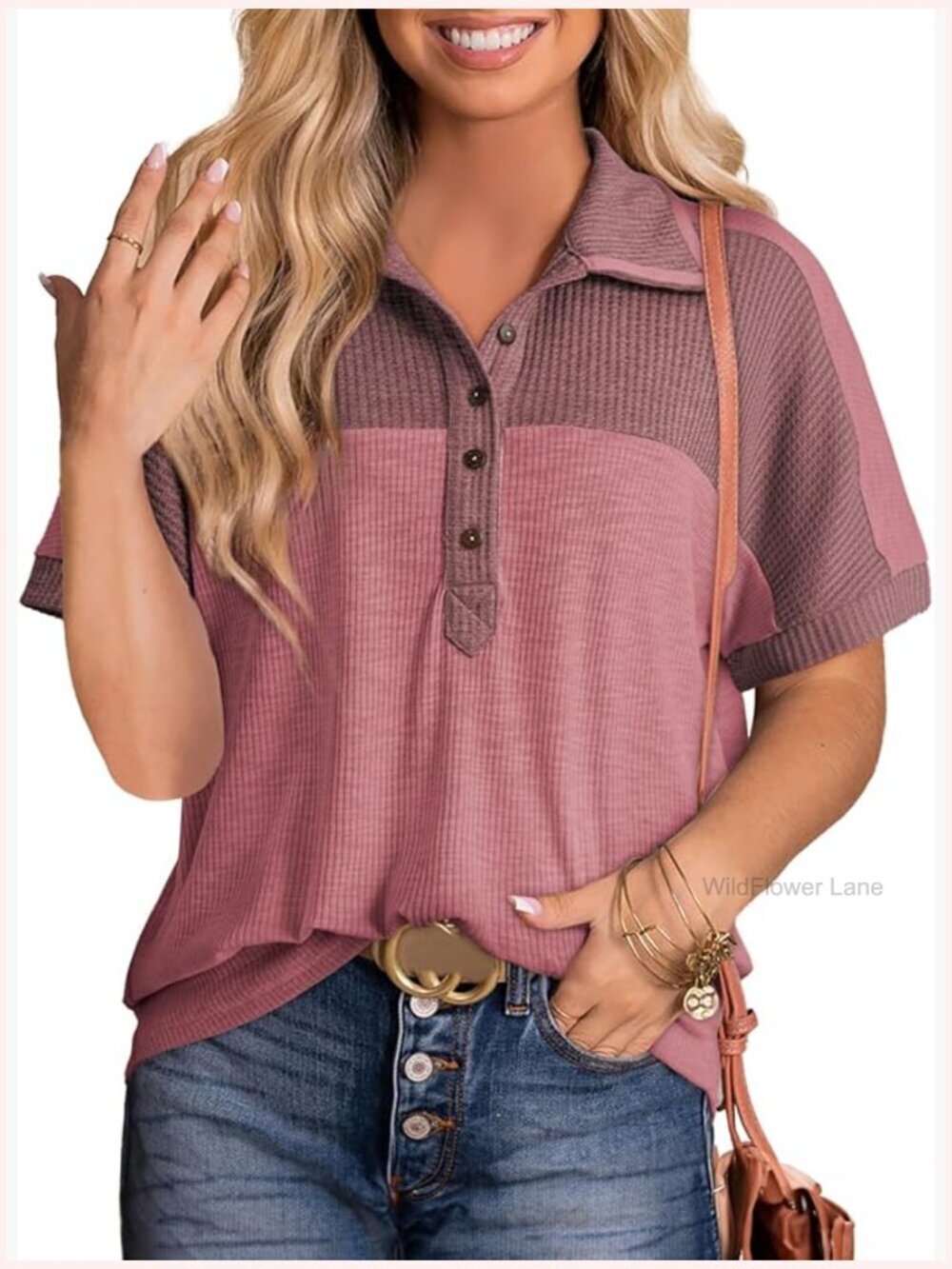 Color Block V Neck Knit Pullover Top Short Sleeve Loose Fit Tunic Blouse